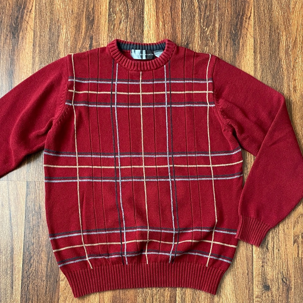Oscar De la Renta men’s vintage grid crewneck sweater red Sz M 100% cotton EUC